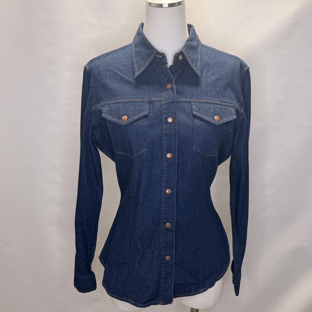 Vintage Guess Jeans Shirt Womens Large Blue Denim Western Slim Button Up Top